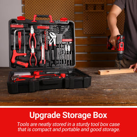 Includes screwdrivers, bits, saw, and measuring tools for common home tasks.