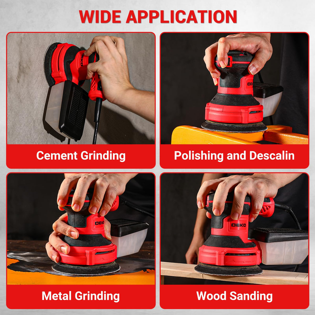DEKOPRO 5-inch sander designed for durable performance across wood and metal projects.