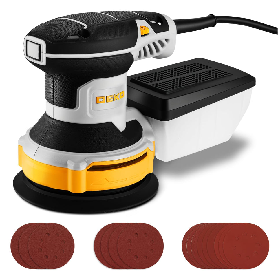 DEKOPRO orbital sander front view shows compact, controllable sanding grip for precise work