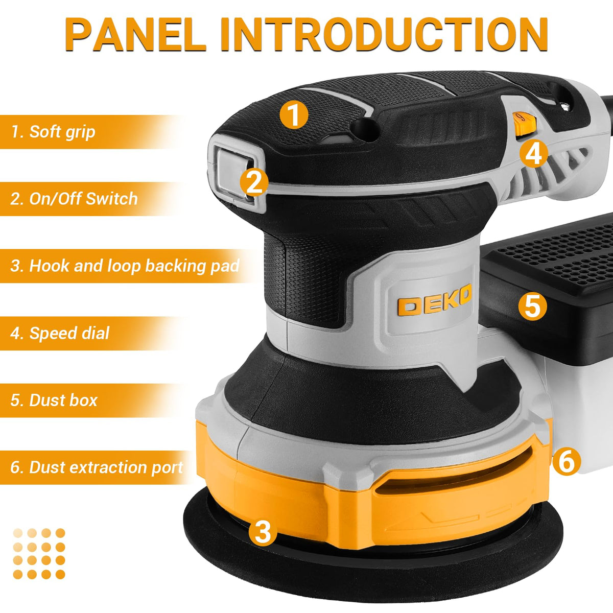 DEKOPRO orbital sander side view highlights ergonomic handle for reduced fatigue