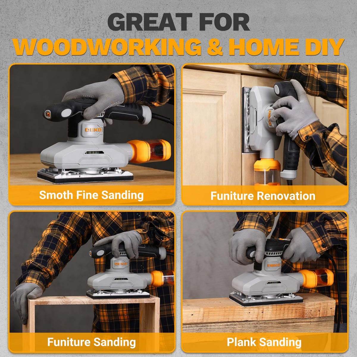 DEKOPRO palm sander with fifteen pack sandpapers ready for prep