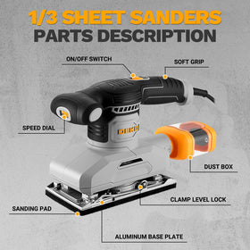 DEKOPRO palm sander in action smoothing wood surfaces