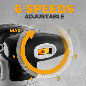 DEKOPRO palm sander speed dial demonstrates RPM range
