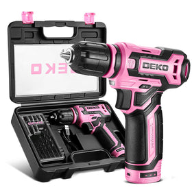 DEKOPRO pink 12V cordless drill with LED light for precise work in dim spaces.