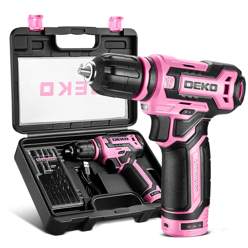 DEKOPRO pink 12V cordless drill with LED light for precise work in dim spaces.