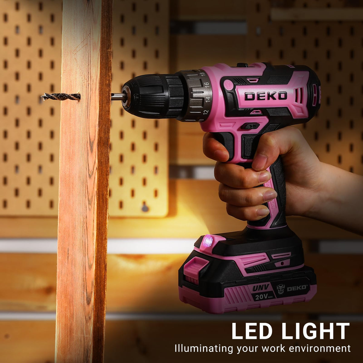 DEKOPRO pink cordless drill with battery and charger for ready-to-use setup.