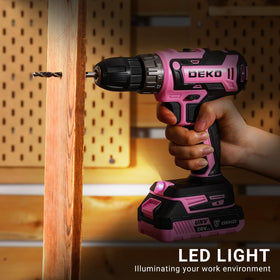 DEKOPRO pink cordless drill with battery and charger for ready-to-use setup.