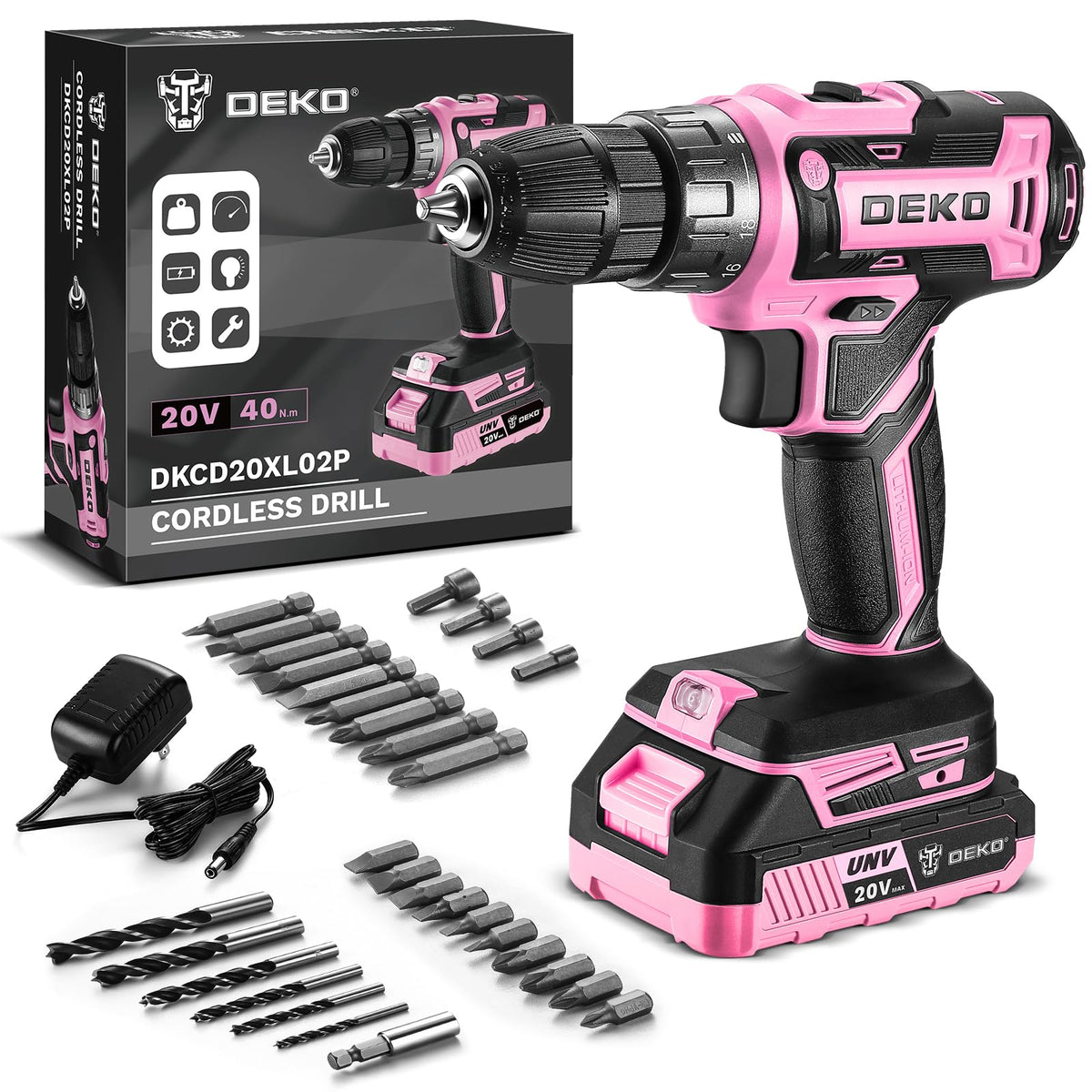 DEKOPRO pink cordless drill with battery indicator for easy charging status monitoring.