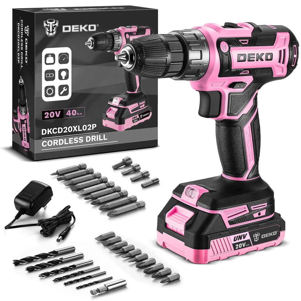 DEKOPRO pink cordless drill with battery indicator for easy charging status monitoring.