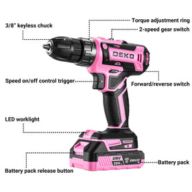 DEKOPRO pink cordless drill in compact design ideal for maneuverability.