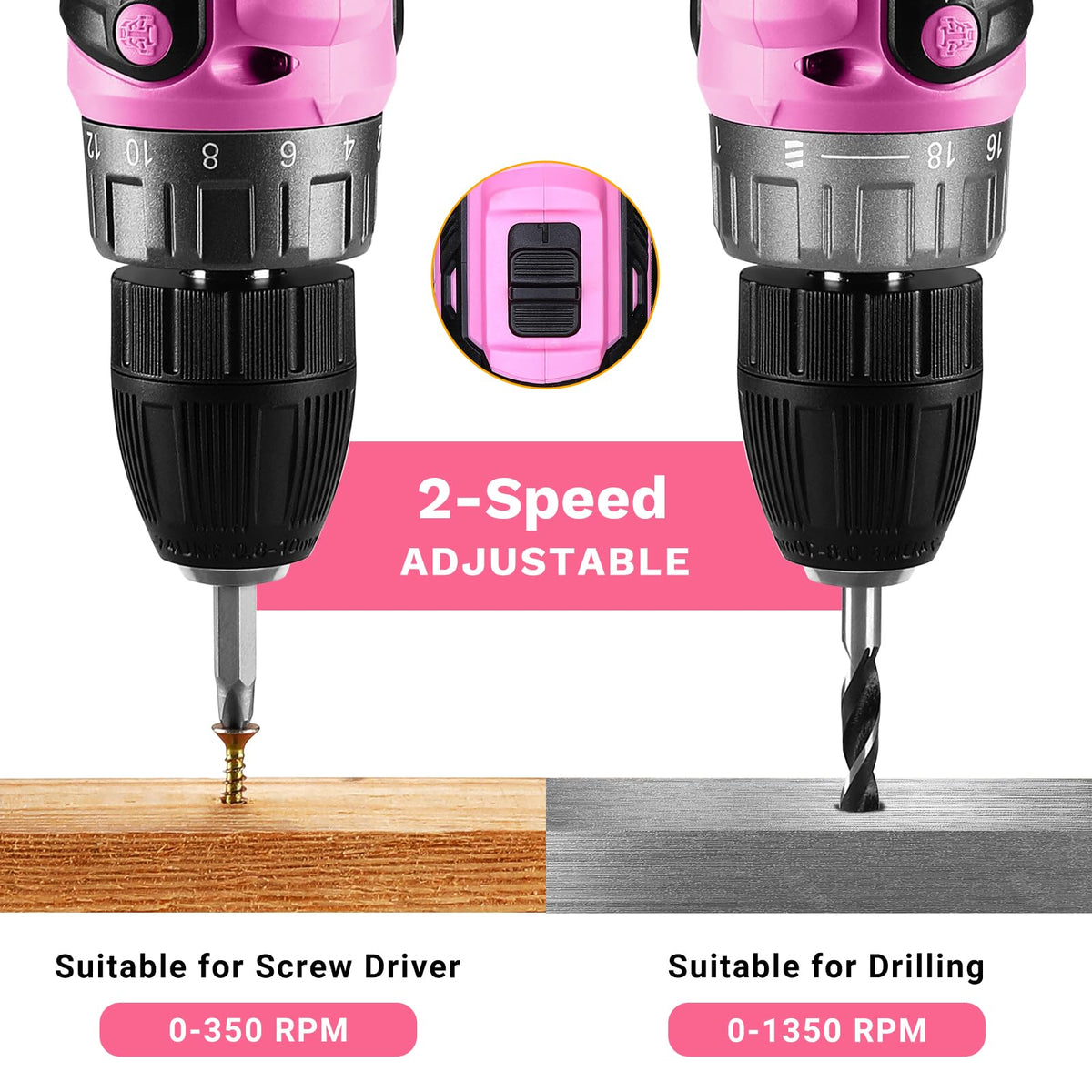 DEKOPRO pink drill kit includes 10 bits for versatile projects.