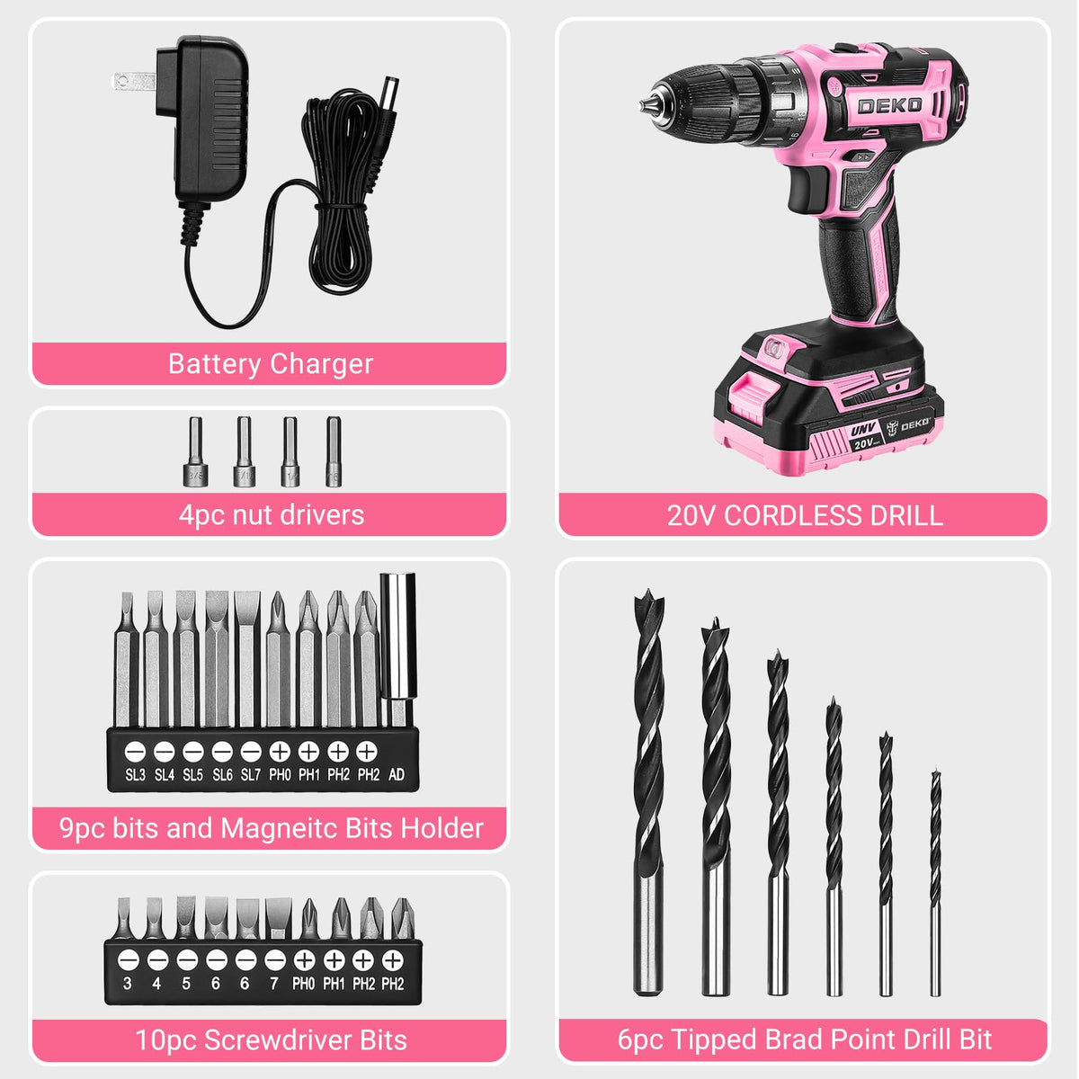 DEKOPRO pink cordless drill weighing 2.5 pounds for comfortable use.