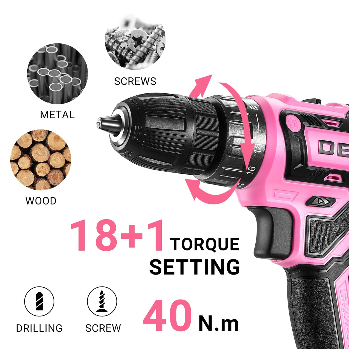 DEKOPRO pink cordless drill with two speeds for different materials.