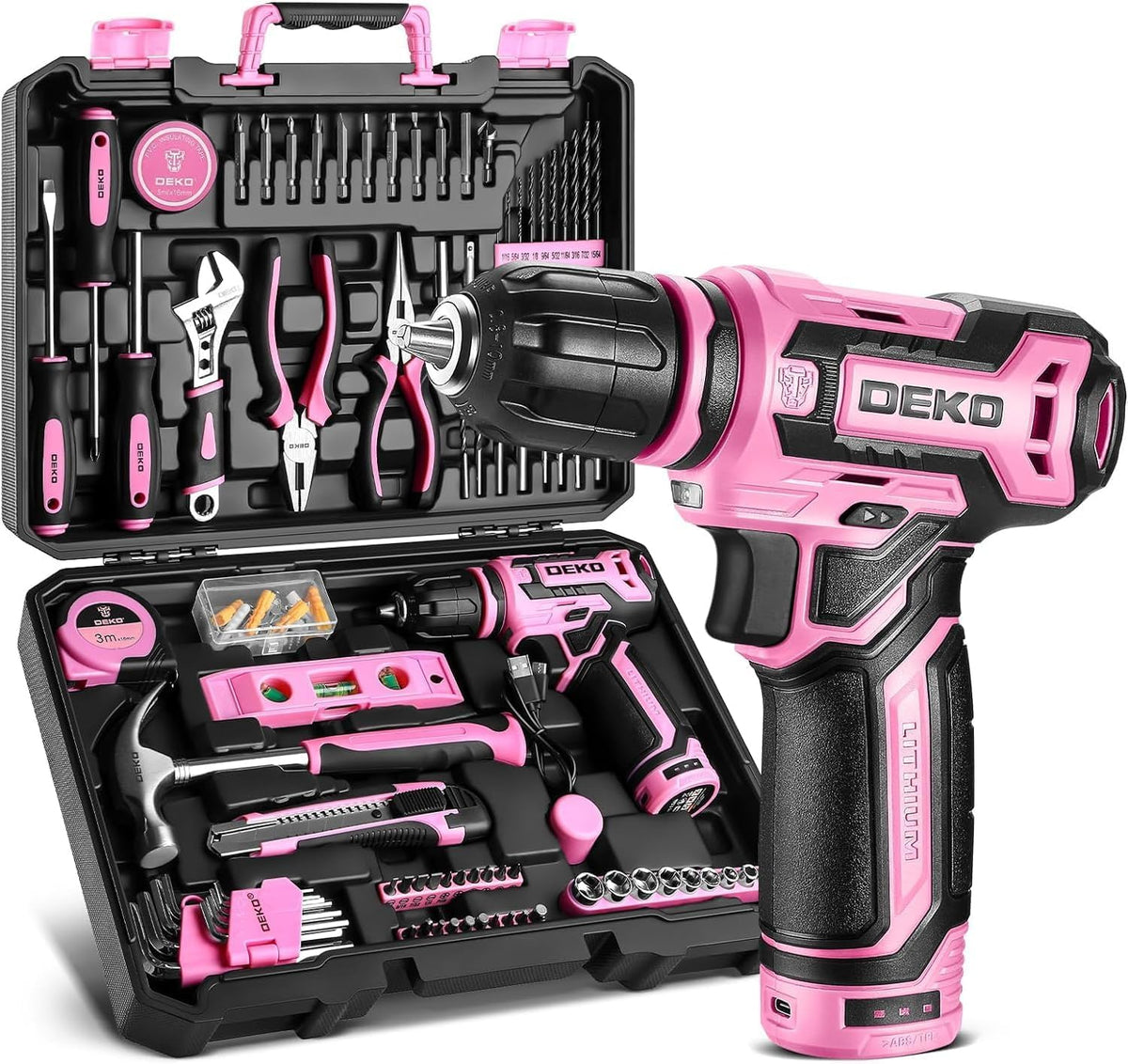 DEKOPRO pink drill battery for quick recharges on DIY projects.
