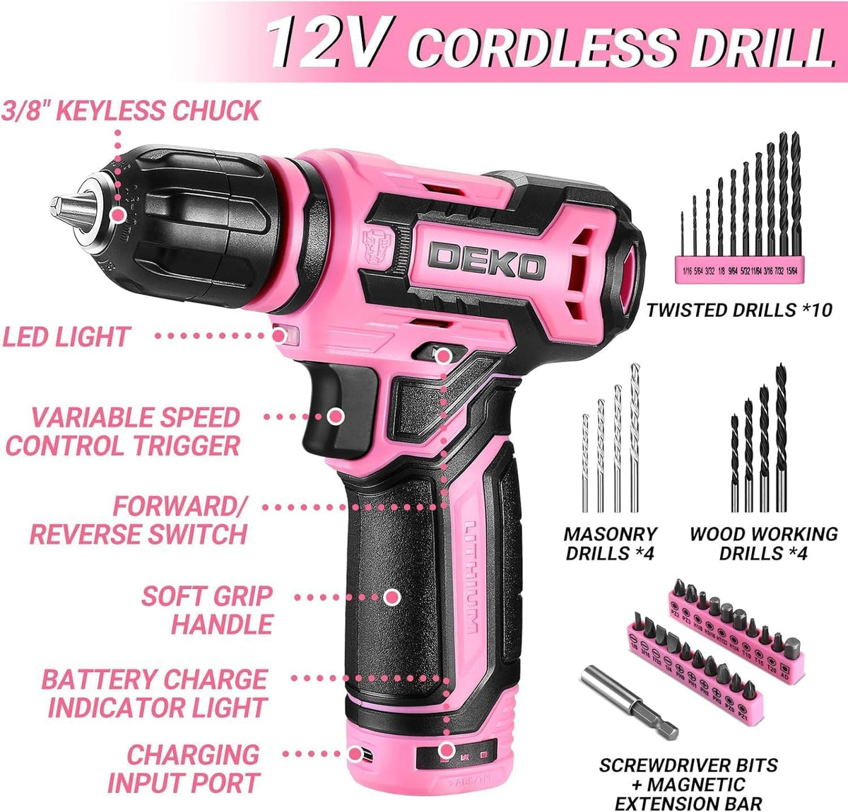 DEKOPRO pink drill bit set for wood, metal, and plastic tasks.