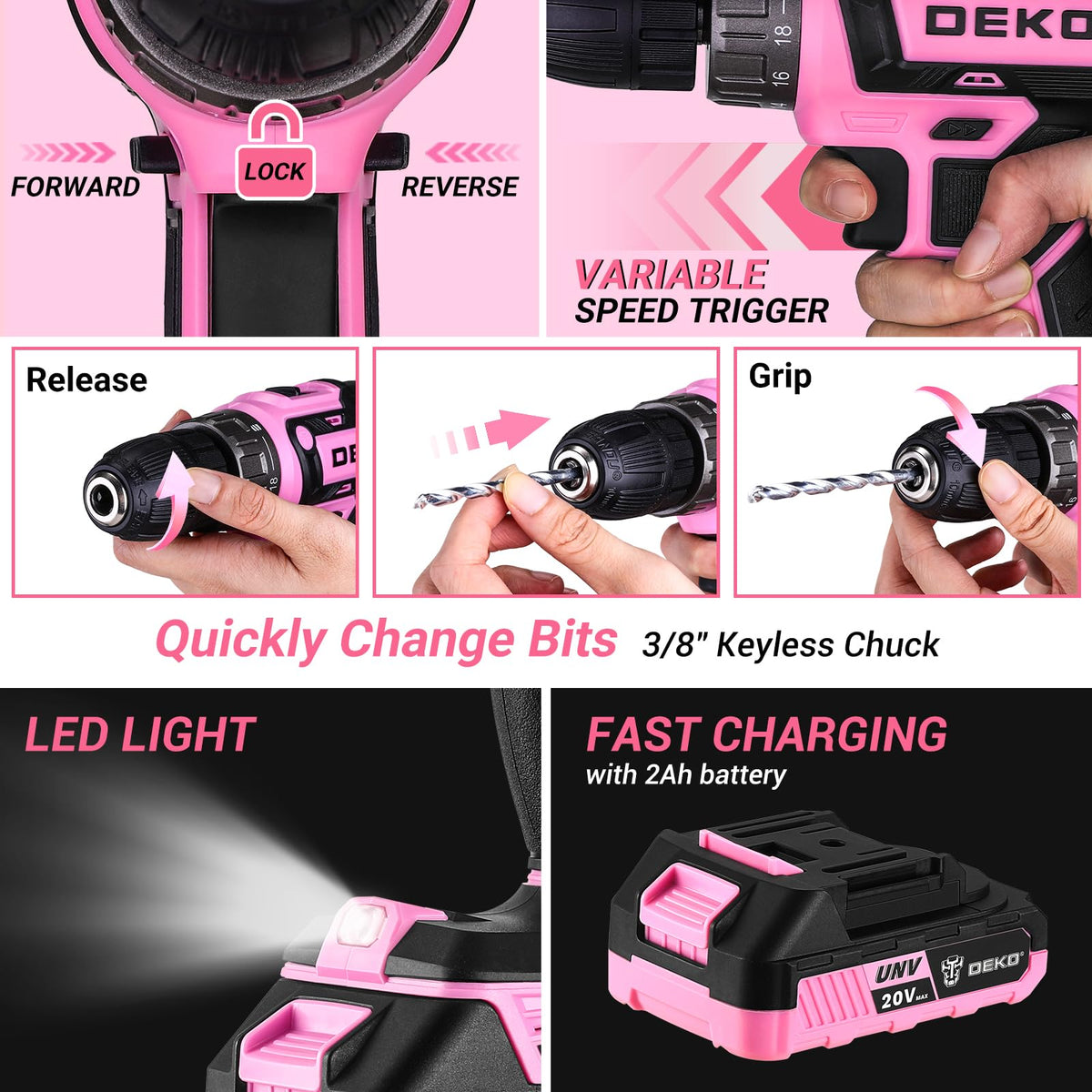 DEKOPRO pink drill with screwdriver set for easy furniture assembly