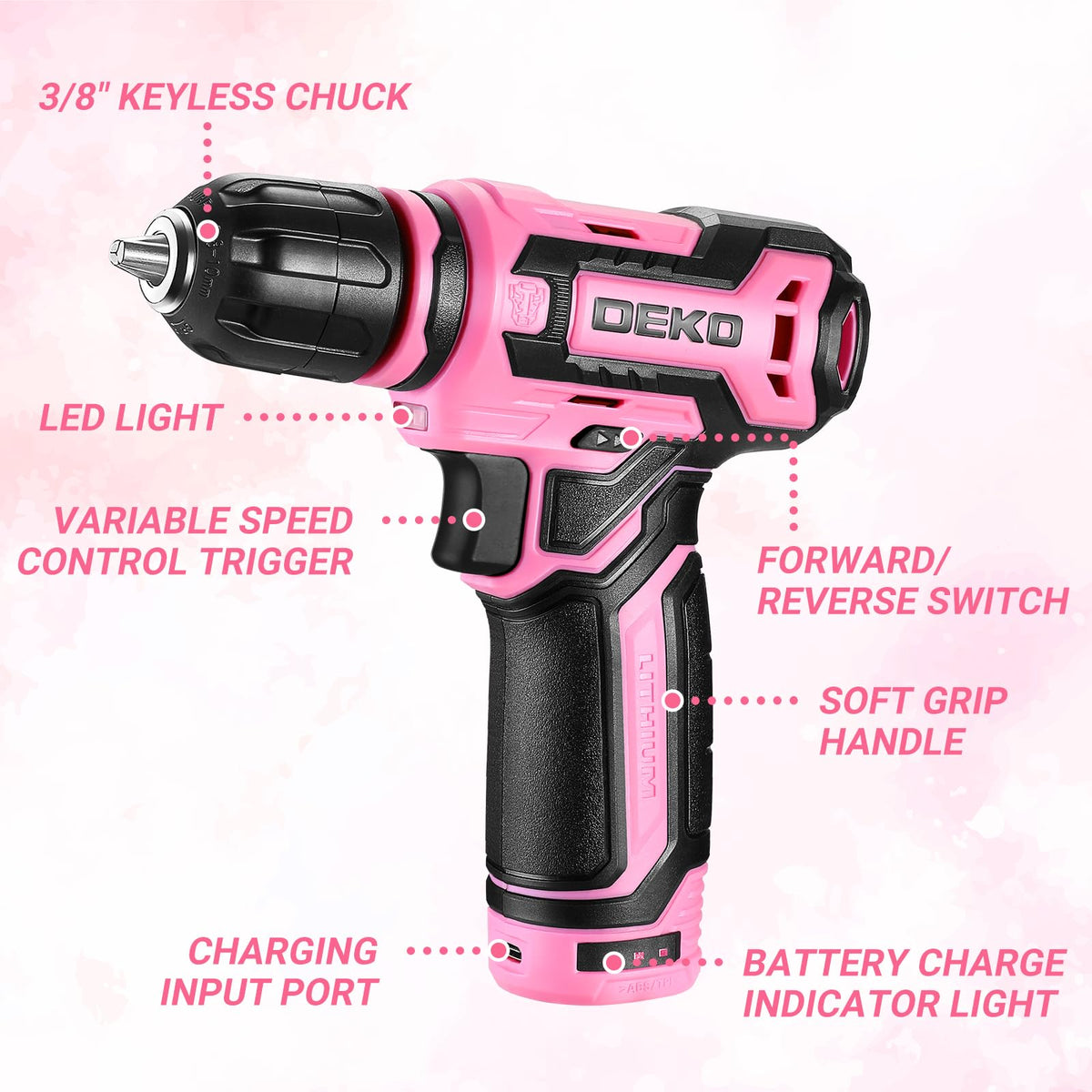 DEKOPRO pink ergonomic 12V cordless drill for comfortable one-handed use.