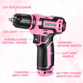 DEKOPRO pink ergonomic 12V cordless drill for comfortable one-handed use.