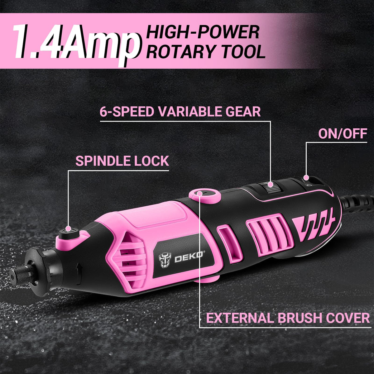 DEKOPRO pink-rotary-tool-accessories-display showcases versatile 127-piece kit for projects.