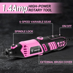 DEKOPRO pink-rotary-tool-accessories-display showcases versatile 127-piece kit for projects.