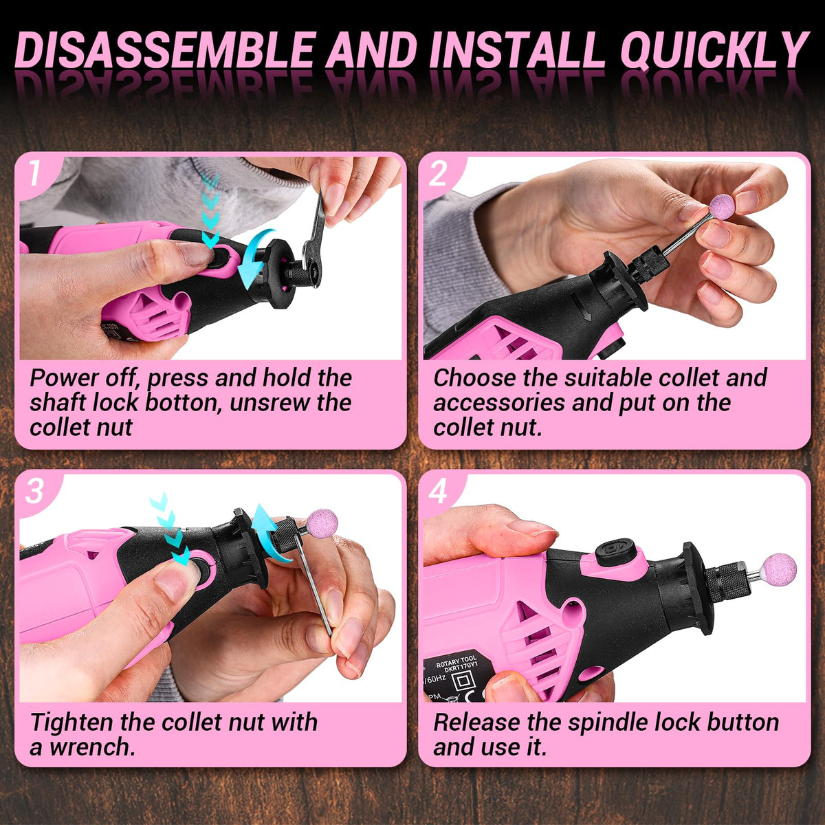 DEKOPRO pink-rotary-tool-collets-4-versions enables quick accessory changes.