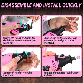 DEKOPRO pink-rotary-tool-collets-4-versions enables quick accessory changes.