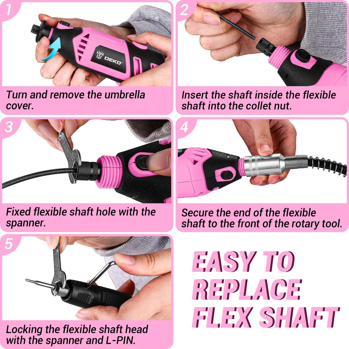DEKOPRO pink-rotary-tool-ergonomics-highlighted-grip improves comfort during long sessions.