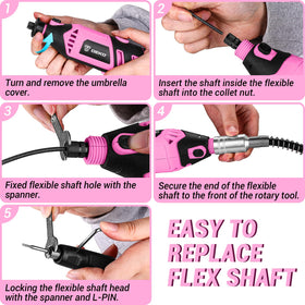 DEKOPRO pink-rotary-tool-ergonomics-highlighted-grip improves comfort during long sessions.