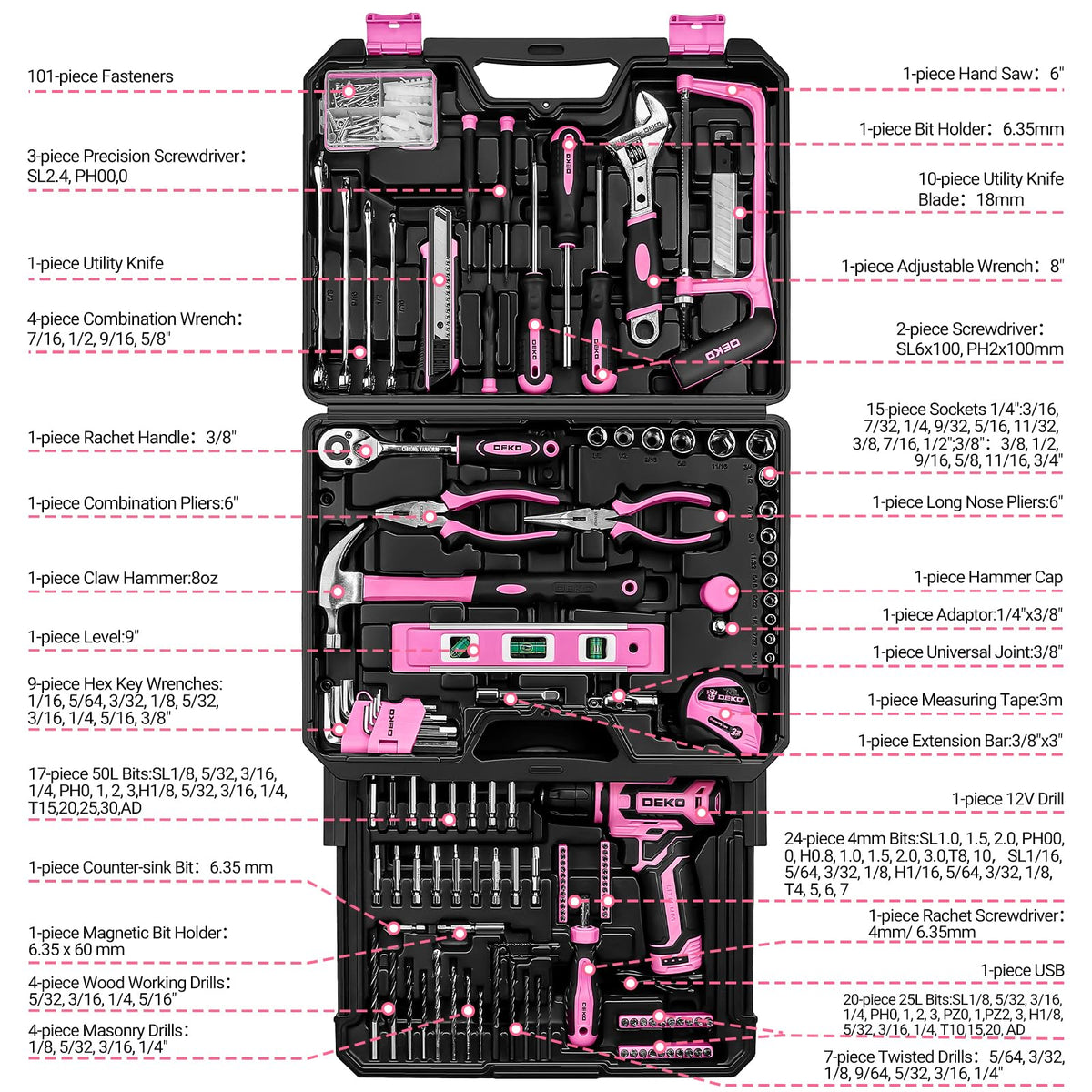 DEKOPRO pink cordless drill in the box enables quick furniture assembly