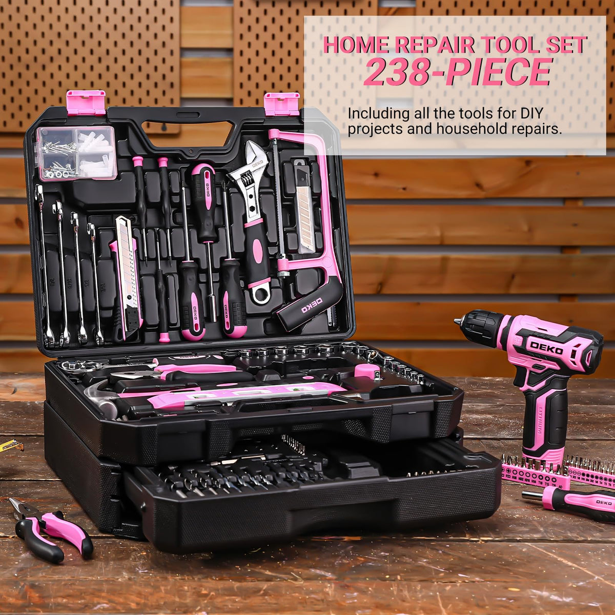 DEKOPRO plastic storage case neatly holds 238-piece toolkit