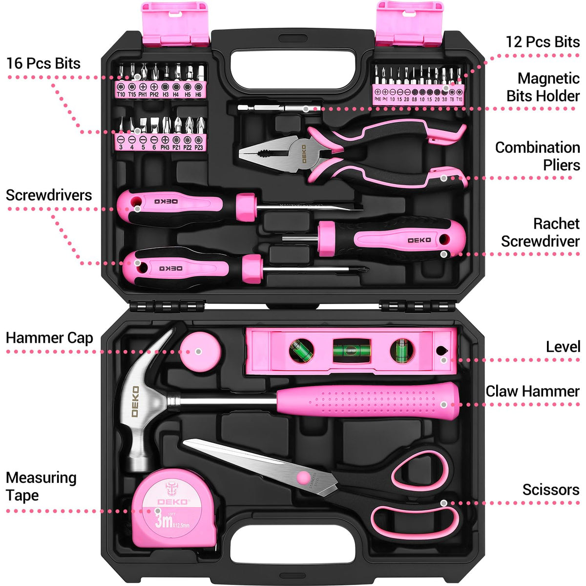 DEKOPRO pink tool set women open toolbox for easy DIY on the go