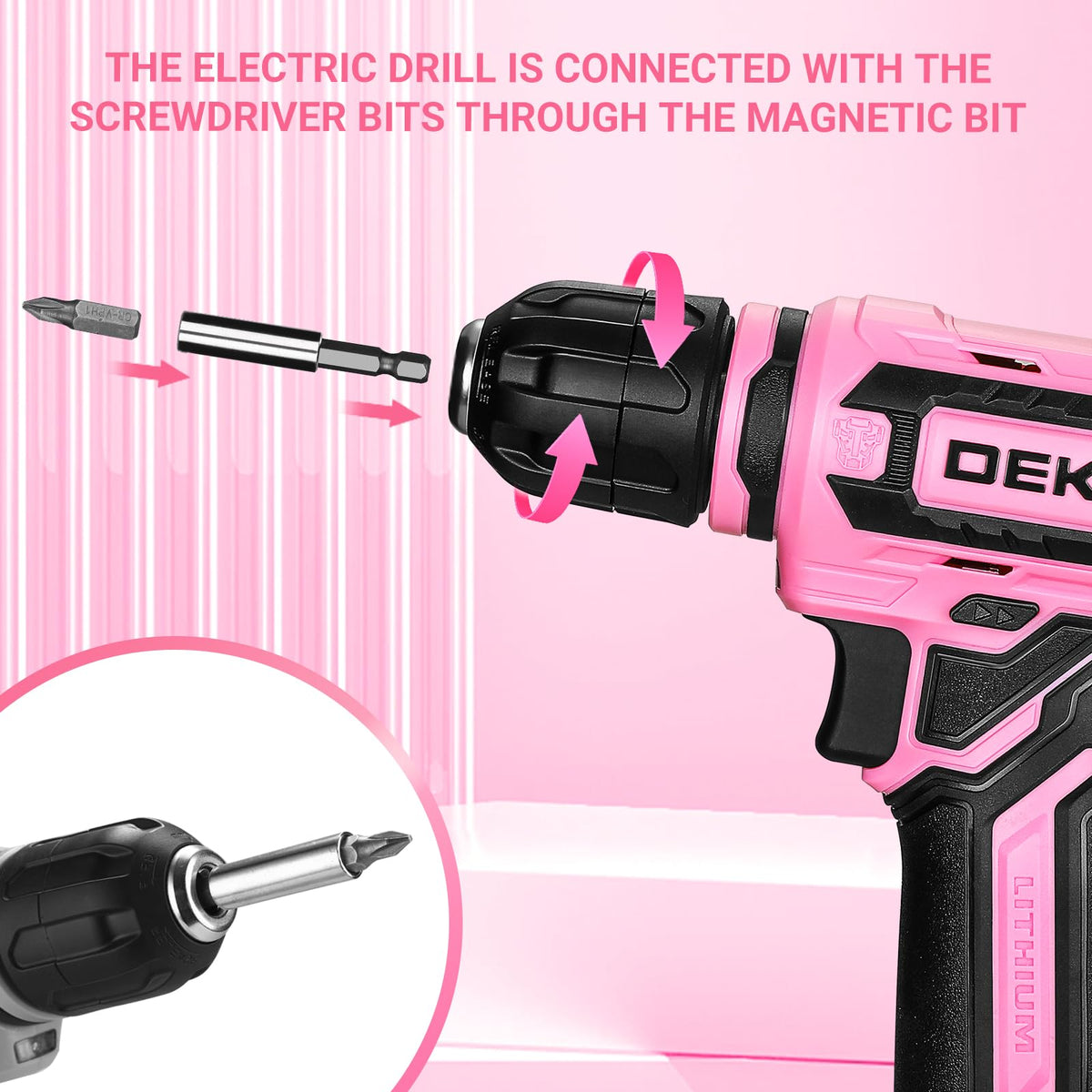 DEKOPRO pink USB-C charging cable included with the drill.