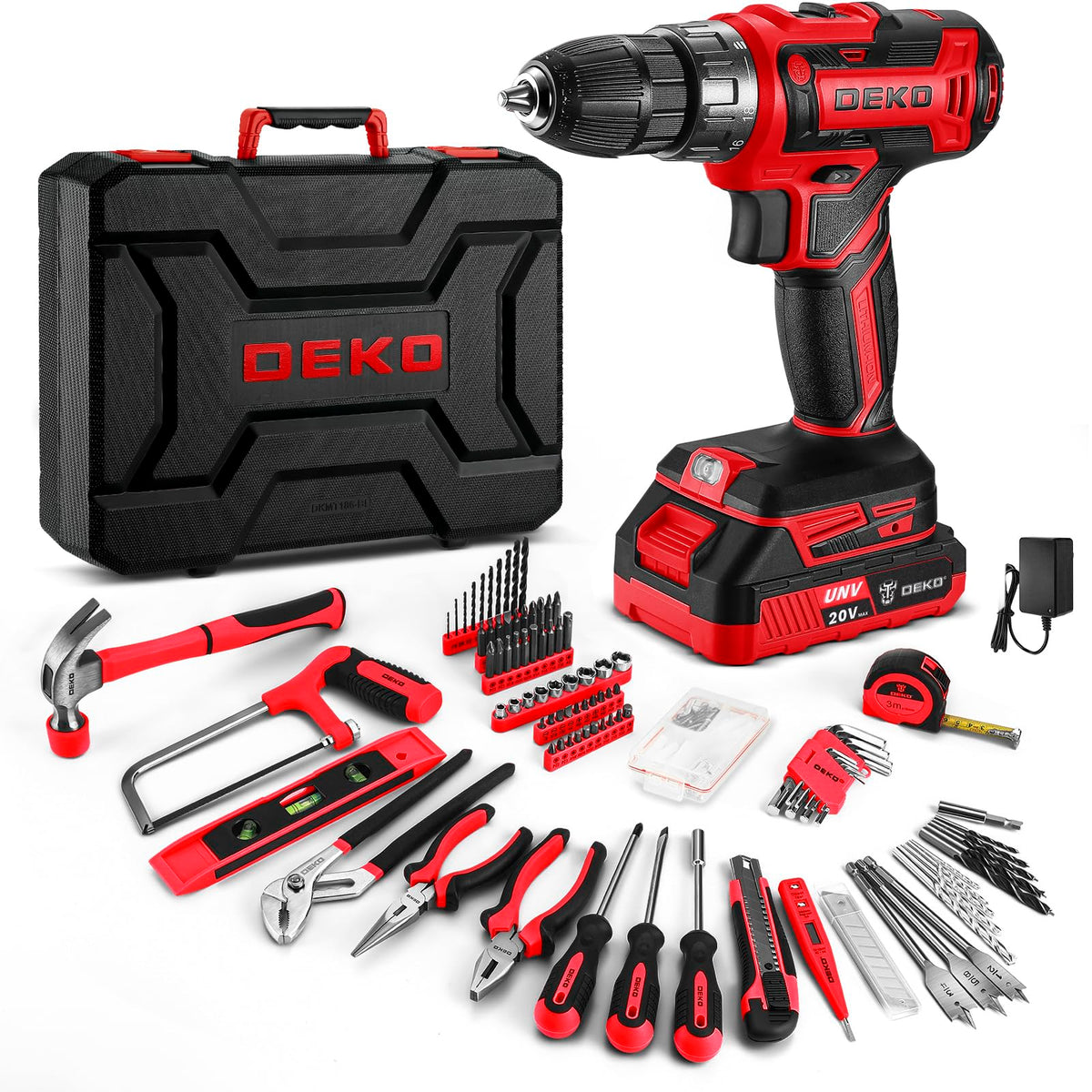 DEKOPRO red drill tool kit box, ideal for quick home projects.
