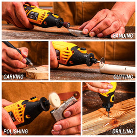 DEKOPRO 4 collets and universal chuck stabilize accessories for fast changes.