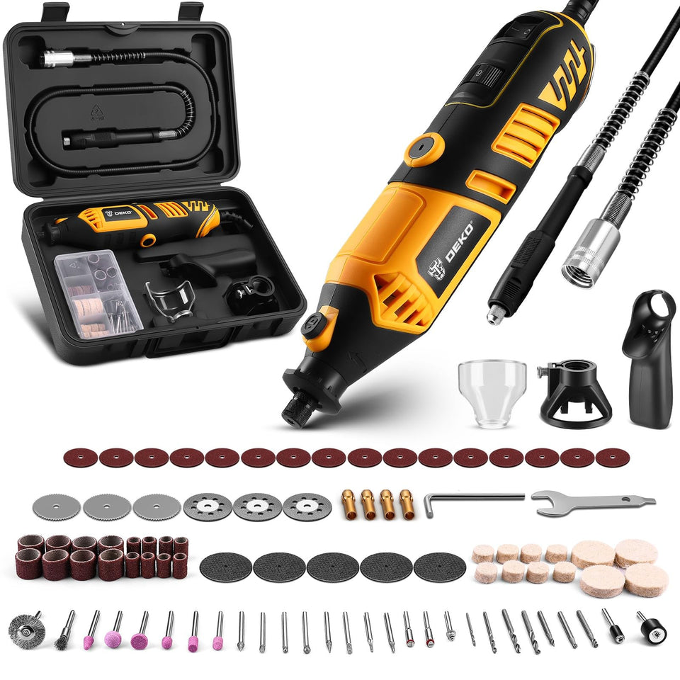 DEKOPRO rotary tool with flex shaft enables precise carving and smooth finishes.