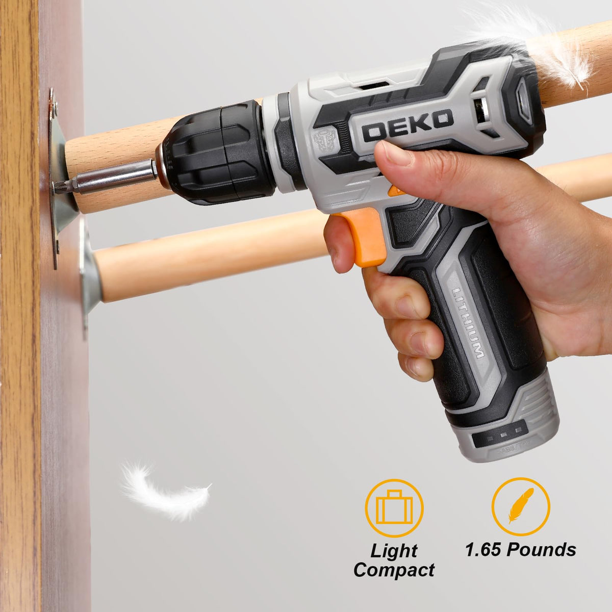 DEKOPRO compact drill weighs 1.65 pounds for easy one-handed use