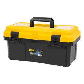 Deli 16-inch tool box with lock secures tools during transport.