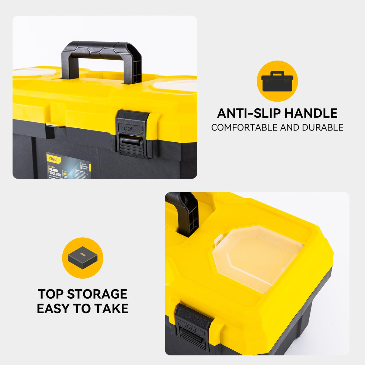 Deli dual-layer toolbox shown with top storage for fast access.