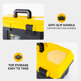 Deli dual-layer toolbox shown with top storage for fast access.