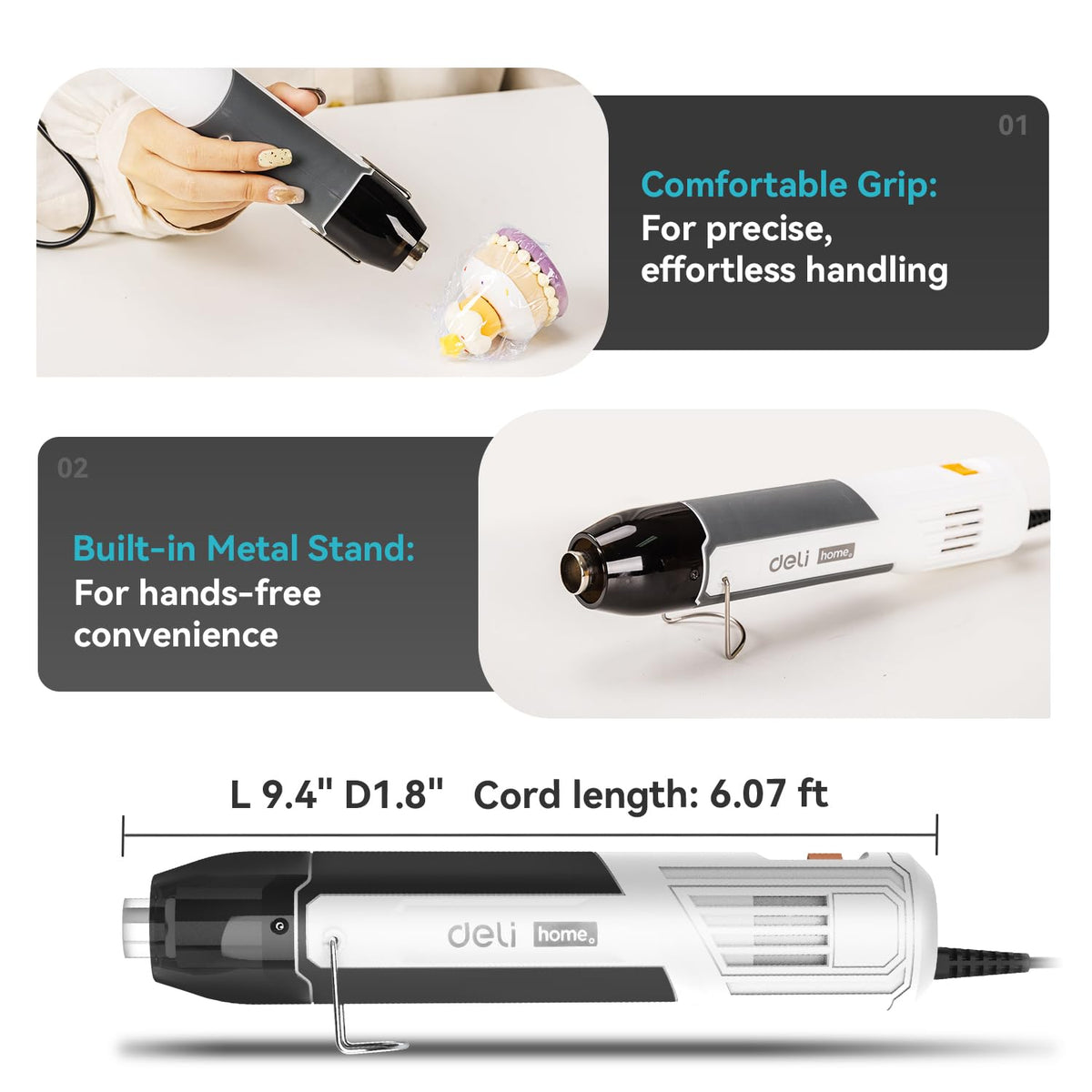 DELI mini heat gun 6-foot cable provides flexible reach during projects
