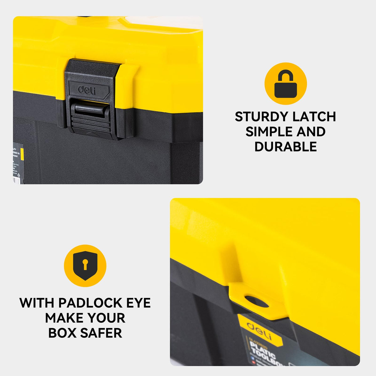 Deli tool box lockable latch adds security during travel.