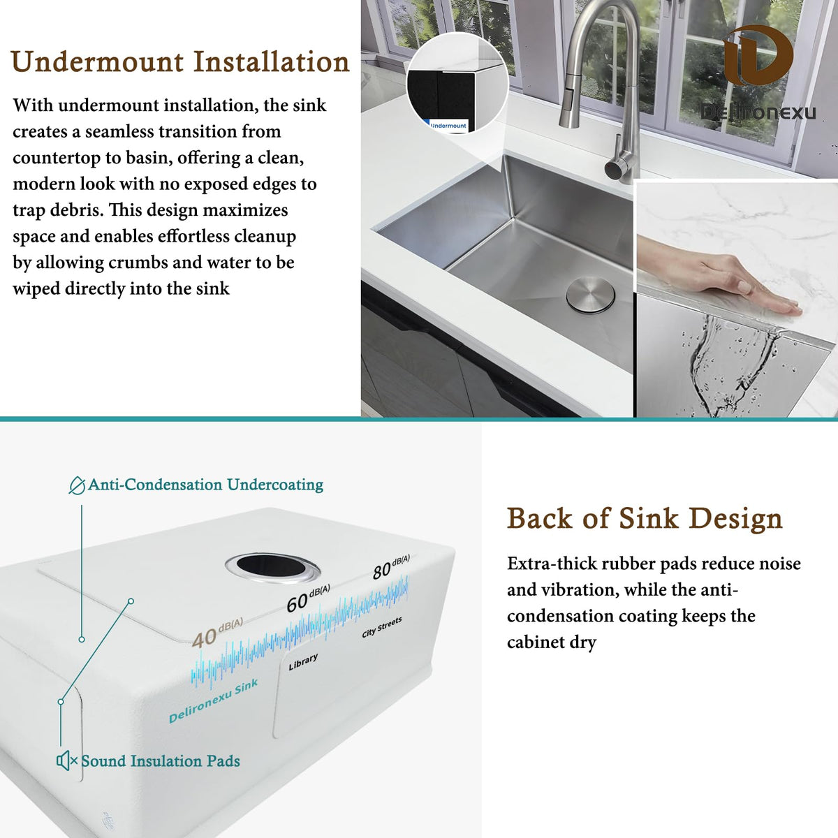 Delironexu sink shows noise-dampening pads for quieter use