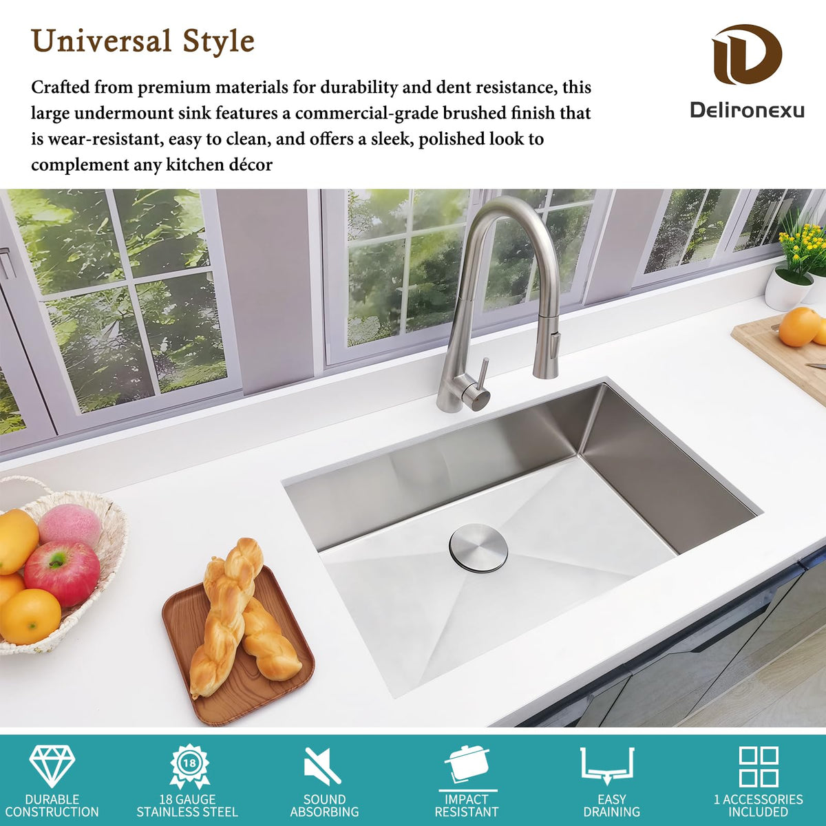Delironexu single bowl design maximizing workspace and easy cleaning