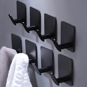 DELITON 8 pack adhesive towel hooks in matte black for organized bathroom storage.