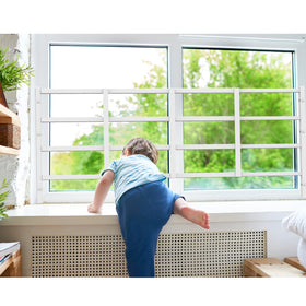 Delmoar window safety guard showing 3.8-inch bar spacing for reduced openings