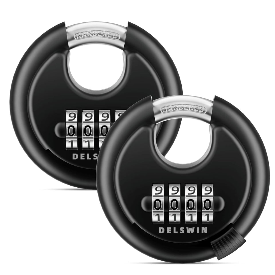 DELSWIN 4-Digit Disc Lock body closeup highlights rugged alloy construction and rust resistance.