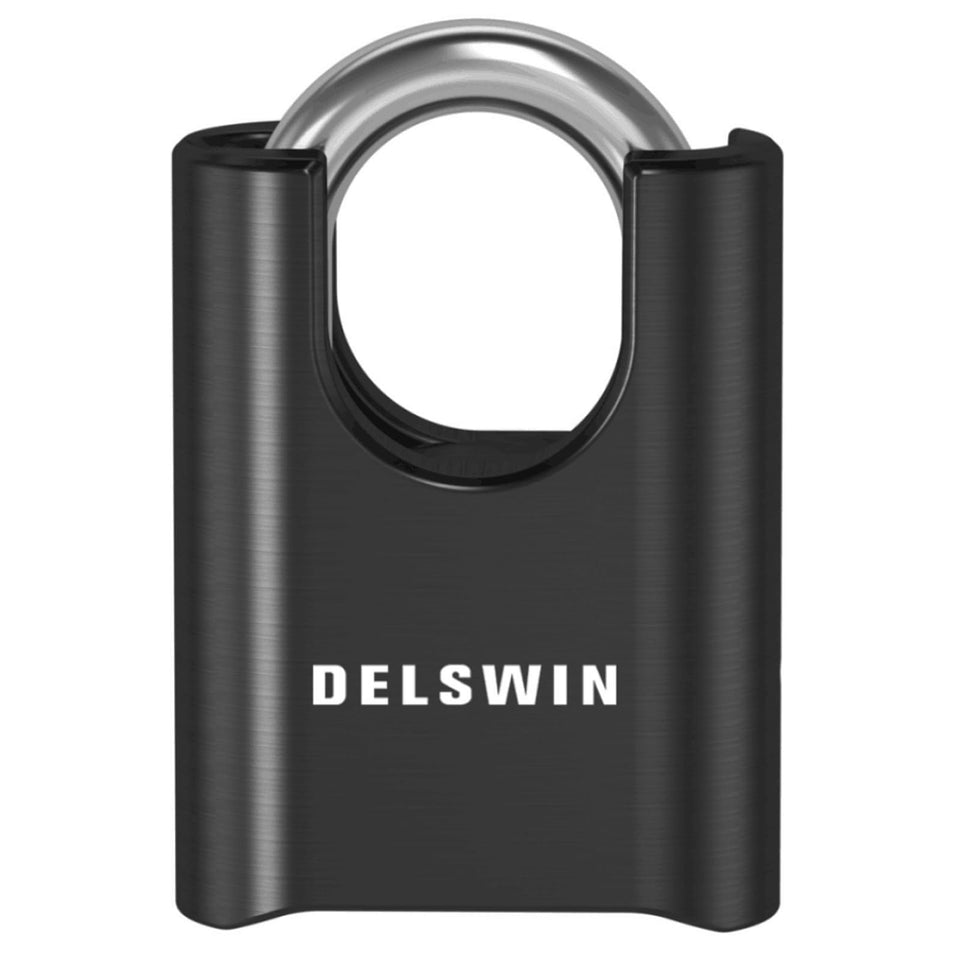 DELSWIN 4-digit padlock body in obsidian black guarding outdoor storage with weather resistance.
