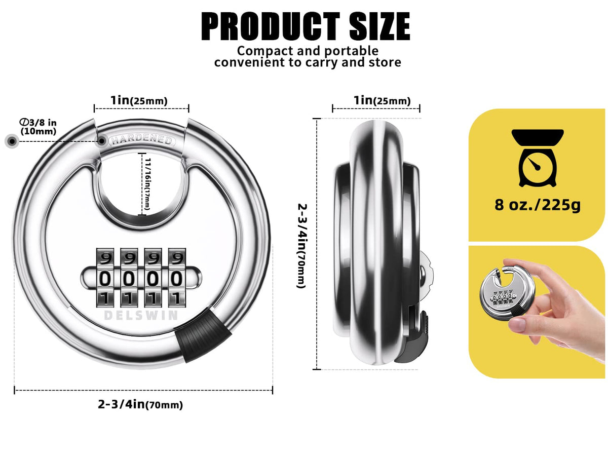 DELSWIN disc padlock close-up emphasizing shackle robustness.