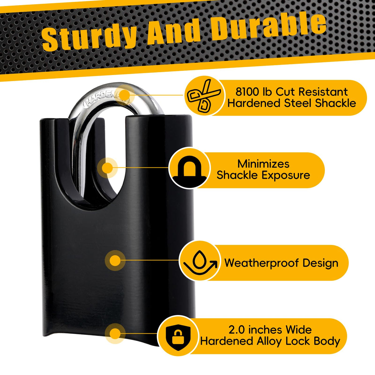 DELSWIN hardened steel shackle providing extra cut resistance for durable security.