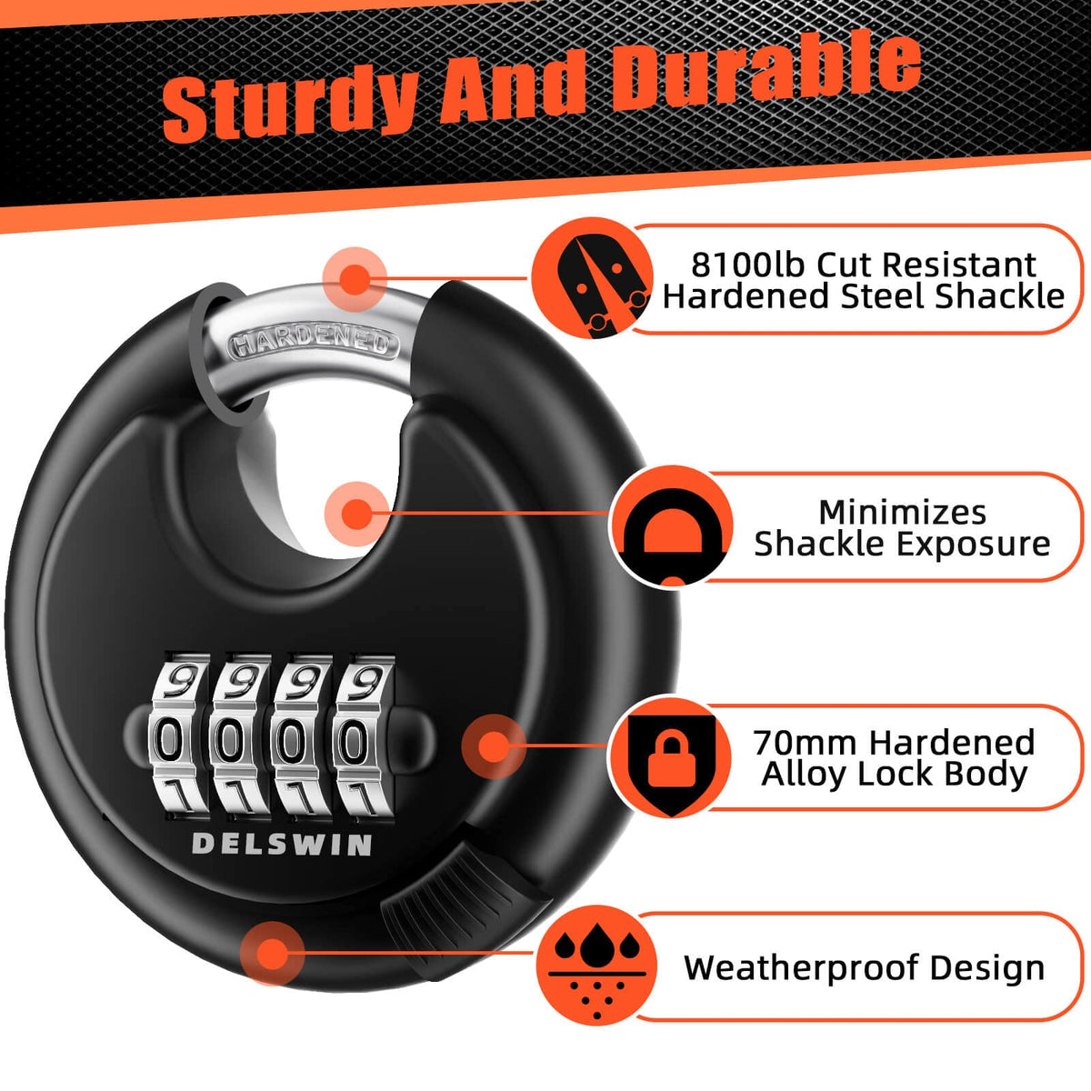 DELSWIN heavy-duty padlock shackle closeup shows hardened steel and secure design.